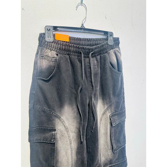 AMERICAN BAZI Black Washed Wide-Leg Cargo Style Drawstring Pants NWT size Small - Picture 11 of 14